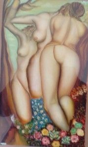 Tres figuras desnudas en un jardín de flores; una se estira hacia arriba, las otras están inclinadas.