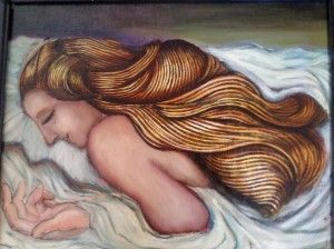 Mujer dormida, cabello largo y castaño sobre ropa de cama blanca; pintada en colores suaves.