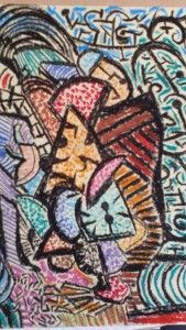 Obra de arte abstracta con formas geométricas coloridas y líneas en espiral.