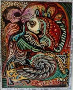 Obra de arte abstracta con líneas en espiral, varios colores y borde tipo mosaico.