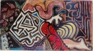 Obra de arte abstracta con formas geométricas, líneas en espiral y una figura con acentos rosas y rojos.