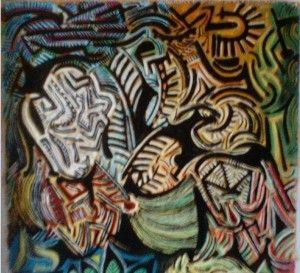 Cuadro abstracto con líneas y formas coloridas y arremolinadas; se sugieren un sol y rostros.