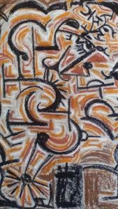 Obra abstracta. Remolinos y formas angulares en naranja, marrón y negro.