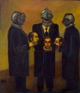 Tres figuras con trajes y cascos, sosteniendo cabezas separadas. Iluminación cálida y melancólica.