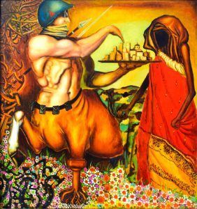 Figura, mitad humana, mitad caballo, ofrece ciudad a figura velada con sari rojo.