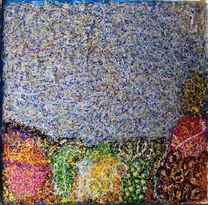 Arte abstracto con sección inferior texturizada multicolor bajo un cielo azul claro y blanco punteado y muy ocupado.