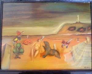 Pintura surrealista: figura desnuda, foca, mariposas y un sombrero de copa en una playa, bajo un cielo oscuro.
