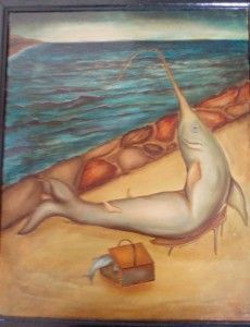 Un pez con un hocico largo se sienta cerca de la costa y mira un pez pequeño en un cofre.