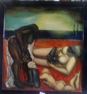 Figuras sobre una superficie roja, fondo industrial; figura de piel oscura que tiende a una figura de piel clara y a un niño.