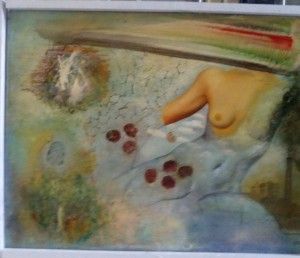 Cuadro abstracto con torso desnudo, orbes rojos y forma similar a una pincelada sobre un fondo colorido.