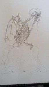 Dibujo a lápiz de un esqueleto con alas de murciélago, encorvado, en posición sentada.