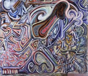 Obra de arte abstracta con líneas en espiral en tonos azul, rojo, marrón y amarillo.