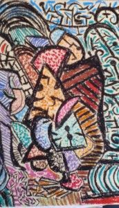 Formas abstractas y coloridas dispuestas densamente con diversas texturas y patrones.