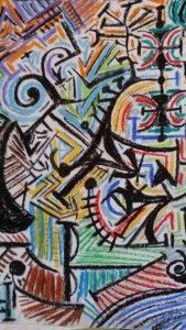 Obra de arte abstracta con formas geométricas coloridas y líneas negras.