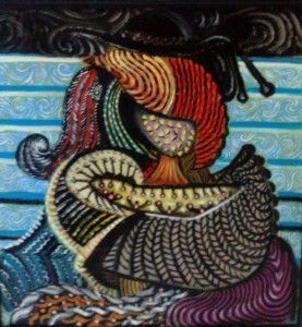 Figura abstracta con sombrero, líneas curvas y patrones texturizados; colores azul, rojo y beige sobre un fondo rayado.