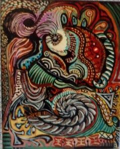 Obra de arte abstracta y colorida con formas y patrones en espiral; en rojo, azul, verde y blanco.