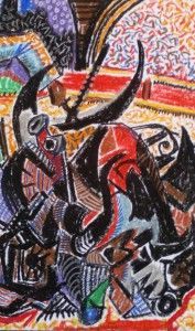 Pintura abstracta y colorida. Predominan las formas curvas negras, con fondos rojos y estampados.