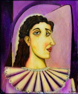 Retrato de mujer, en tonos violáceos, con un ojo recto y el otro en ángulo, con cuello con volantes.