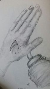 Dibujo a lápiz de una mano con una herida y otra mano sosteniendo una botella.