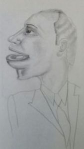 Boceto de un hombre con traje, con la boca abierta exageradamente y la nariz grande, mirando hacia la izquierda.