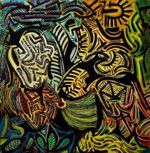 Obra de arte abstracta y colorida con formas, líneas y patrones en espiral, con tonos verdes, amarillos y negros.