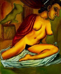 Figura desnuda reclinada, envuelta en tela roja, con escultura al fondo; tonos amarillos y verdes.