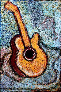 Pintura abstracta de una guitarra acústica, tonos de amarillo, marrón y azul.