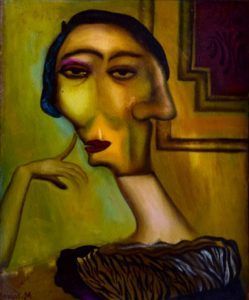 Retrato surrealista de una persona con dos caras, tonos verdes y amarillos. Una mano levantada hacia la cara y cuello oscuro.