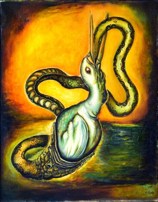 Serpiente devoradora de pájaros, de color amarillo vibrante y verde con un fondo oscuro.