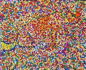 Obra de arte abstracta con líneas onduladas de color naranja, amarillo, azul y verde sobre un fondo blanco.