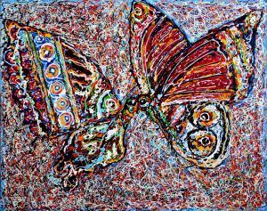 Dos mariposas abstractas con alas coloridas y texturizadas, se enfrentan entre sí sobre un fondo moteado.
