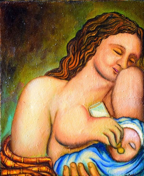 Madre amamantando a un bebé, ambos con los ojos cerrados, colores suaves, acunados en una canasta.