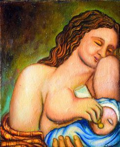 Mujer amamantando a un bebé, ambos con los ojos cerrados. Tonos cálidos, fondo verde.