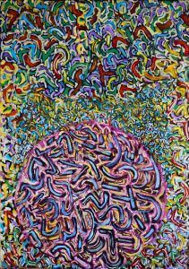 Pintura abstracta: orbe morado con garabatos, rodeado de patrones coloridos y arremolinados.