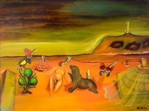 Paisaje surrealista con figura desnuda, foca, pájaros y una arquitectura extraña contra un cielo naranja, verde y marrón.