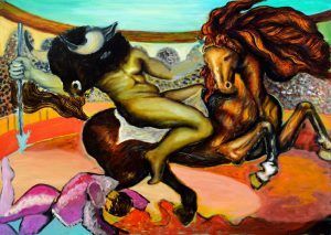 Persona desnuda montando un toro, lanceándolo; caballo cerca; anillo rosa y naranja con figuras caídas.
