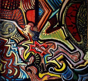 Pintura abstracta y colorida con líneas y formas definidas. Destacan el rojo, el amarillo, el azul y el verde.