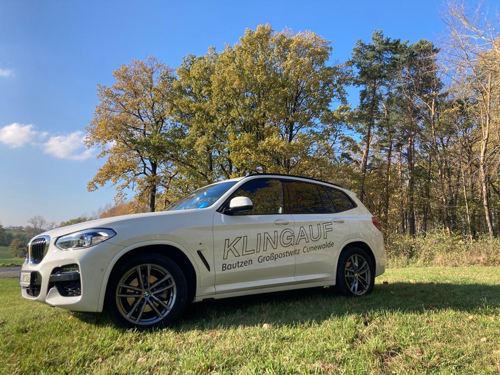 Weißer BMW SUV auf einer Wiese mit Bäumen im Hintergrund geparkt.
