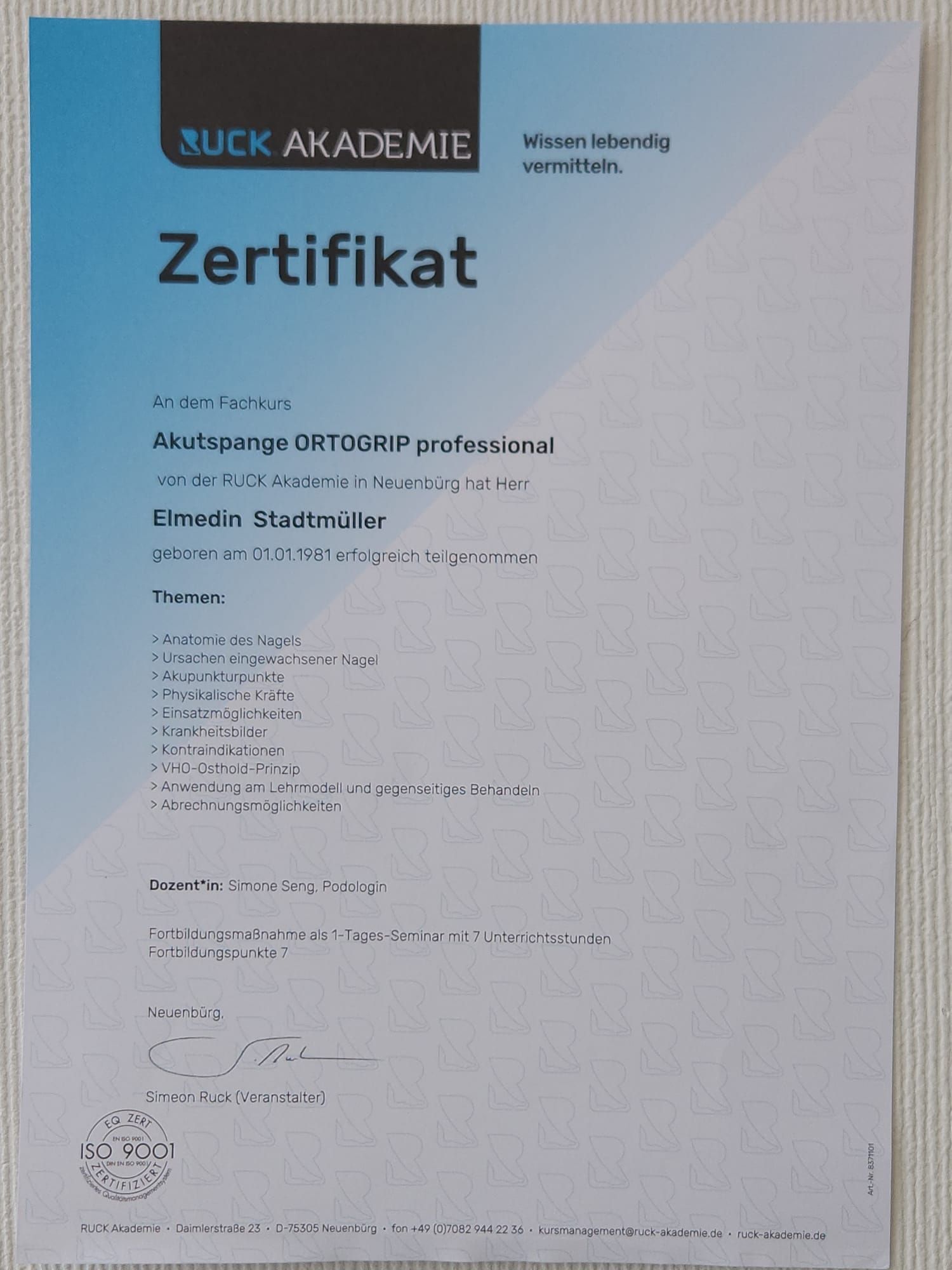 Ein Zertifikat der Firma Blick Akademie