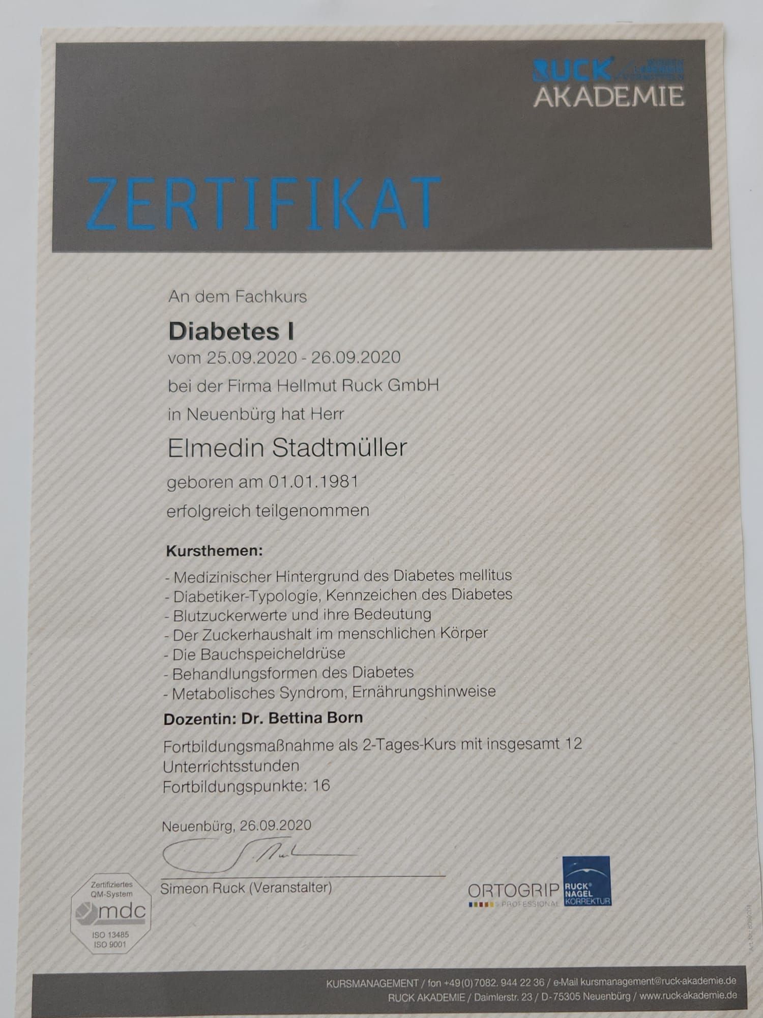 Ein Zertifikat für Diabetes I ist auf einem weißen Hintergrund