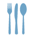 Un ícono de color azul claro que muestra un tenedor, un cuchillo de mesa y una cuchara alineados uno al lado del otro.