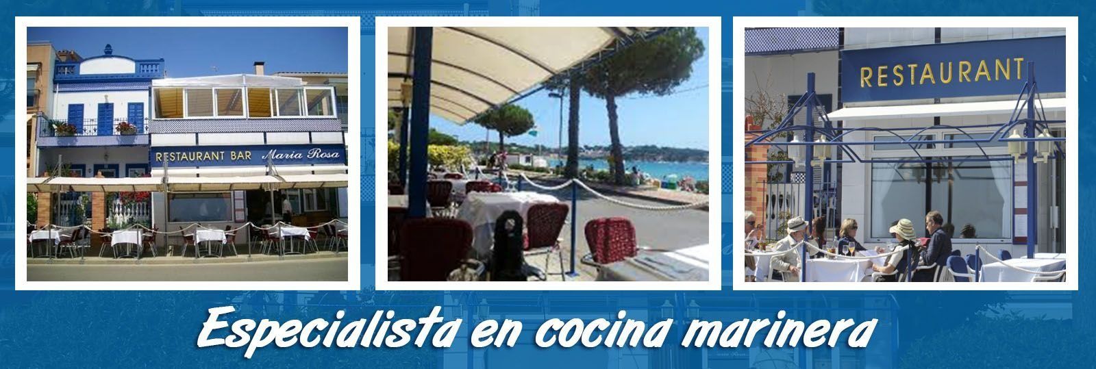 Tres fotos de un restaurante junto al mar con mesas al aire libre y sombrillas blancas, el texto debajo dice: Especialista en cocina marinera.