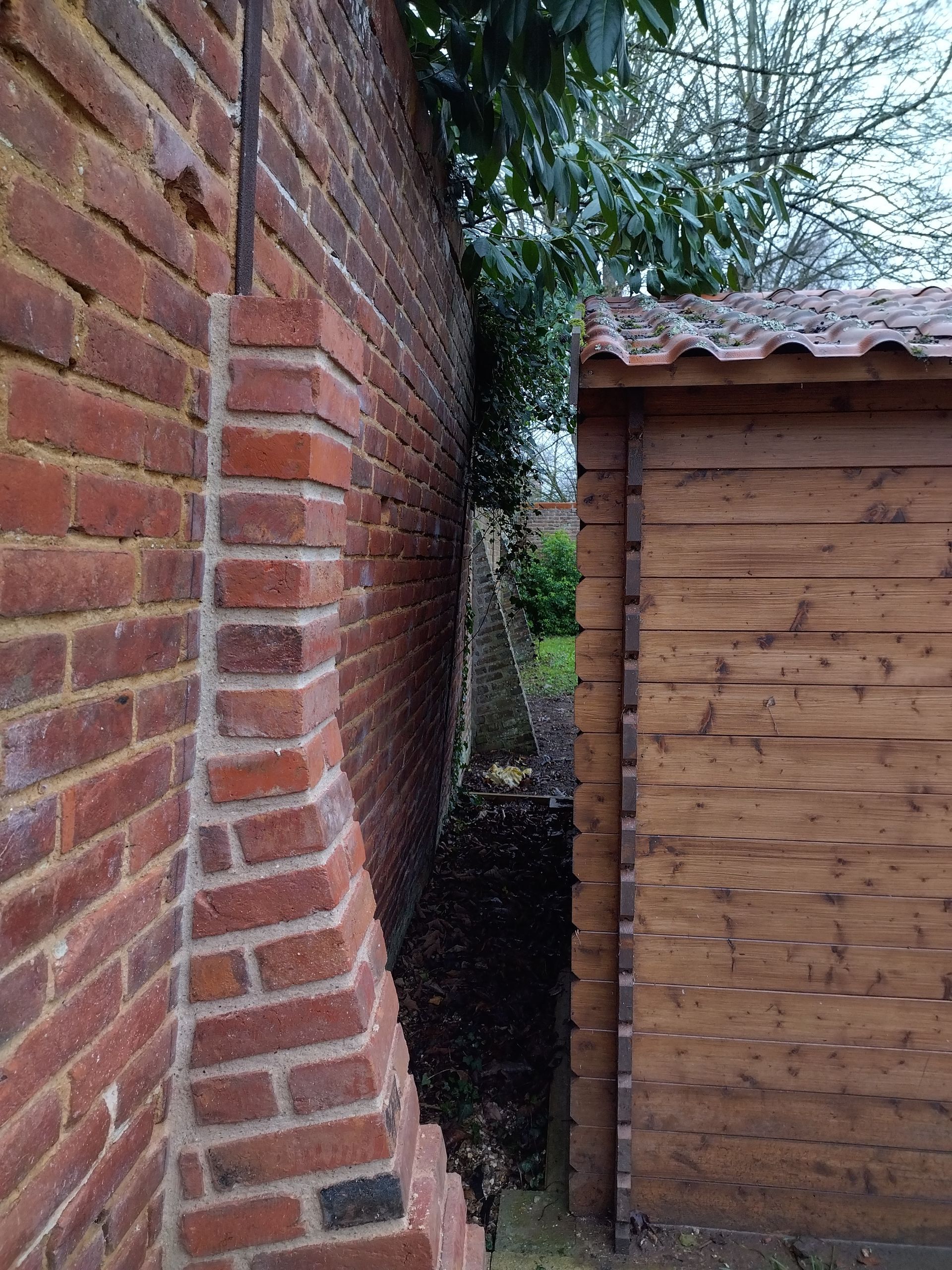 Vue sur le flan d'un mur en brique