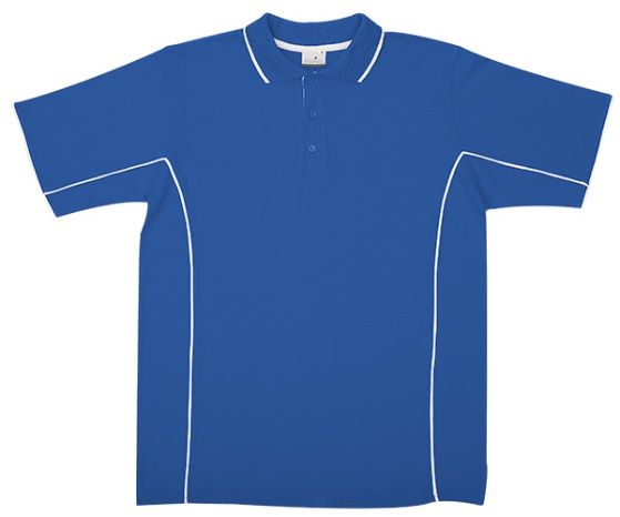 Camisa polo azul de manga curta com detalhes brancos na gola e nas laterais, sobre fundo branco.