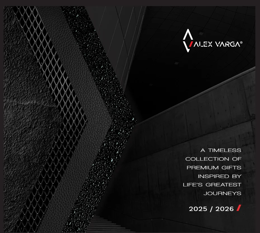 Anúncio de moda geométrica escura com o logotipo e texto de Alex Varga, promovendo presentes premium para 2025/2026.