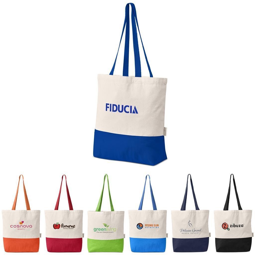 Bolsa tote azul e branca com alças compridas, logotipo “FIDUCIA”, apresentada em cinco variações de cores abaixo.