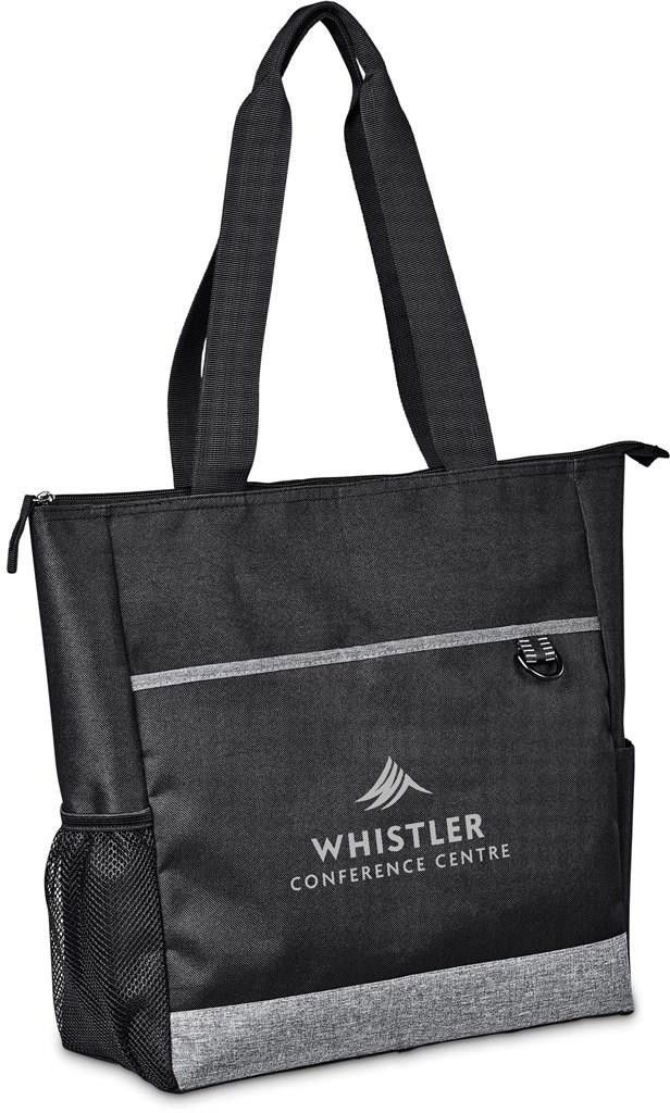 Bolsa de compras preta e cinza com bolso com zíper e bolso lateral em tela, com a marca Whistler Longboard Centre.