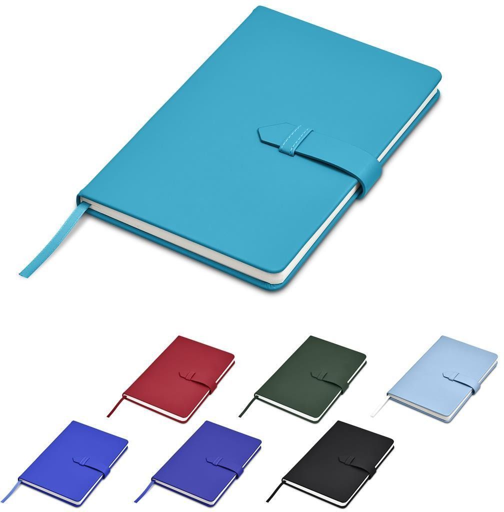 Caderno azul com marcador de fita e cinco opções de cores mostradas abaixo.