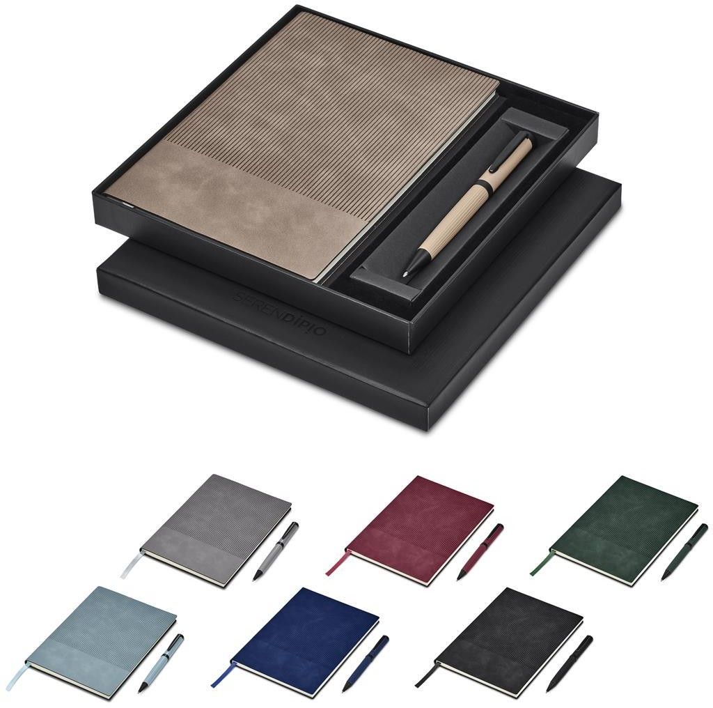 Conjunto de presente de luxo com caneta e caderno em caixa preta, apresentado com cinco opções de cores abaixo.