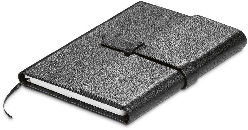 Caderno preto texturizado com elástico e marcador de fita.